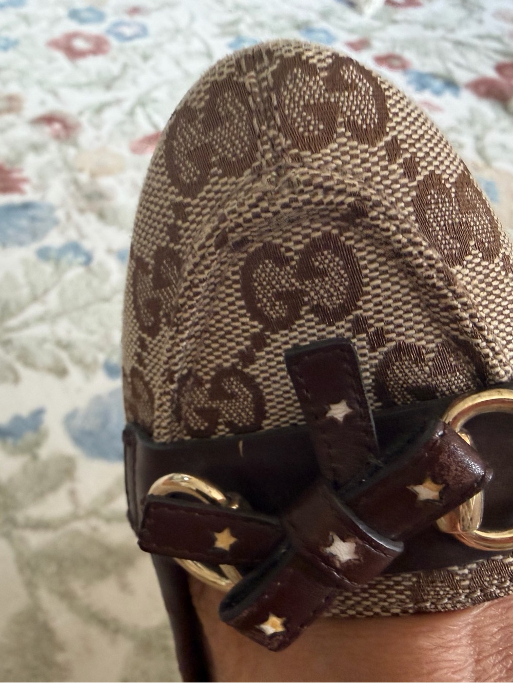 Gucci Brown GG Canvas Leather Trim Pointed Toe Flats with Gold Horsebit size 6 - Picture 6 of 8